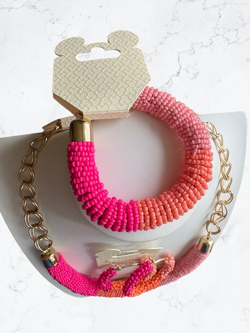 Disney Pink & Coral Seed Beaded Necklace Set Earrings Bracelet - Picture 2 of 4